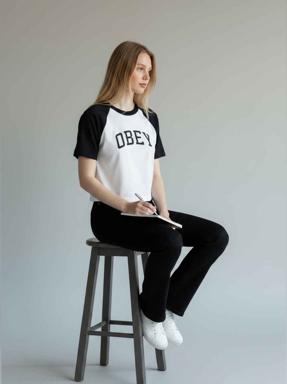 Obey teens Black & White Raglan Logo Tee